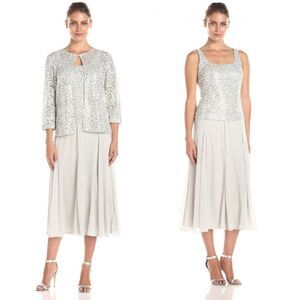 New! ALEX EVENINGS Women's 2-Piece Tea Length Sequin Dress Jacket Set